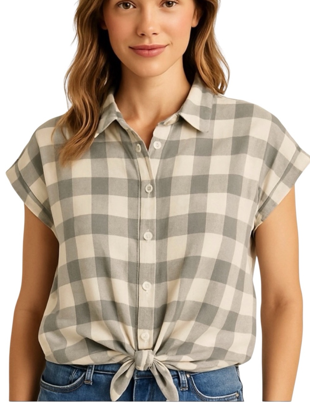 Zara checkered grey/ivory, cropped, cap sleeve, tie front shirt, Size M, GUC